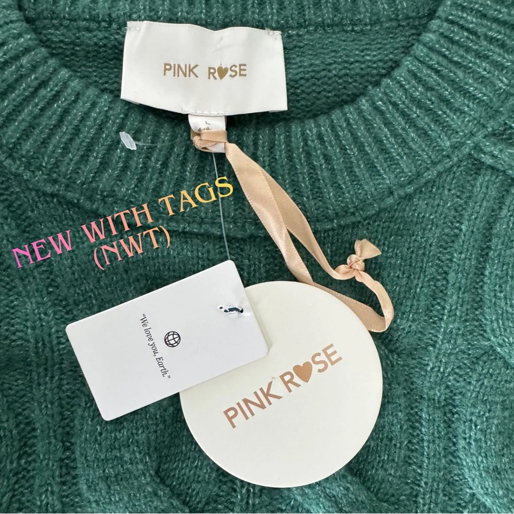 Pink‎ Rose Spruce Green Cable Knit Crewneck Sweater Size Large NWT - Picture 6 of 9